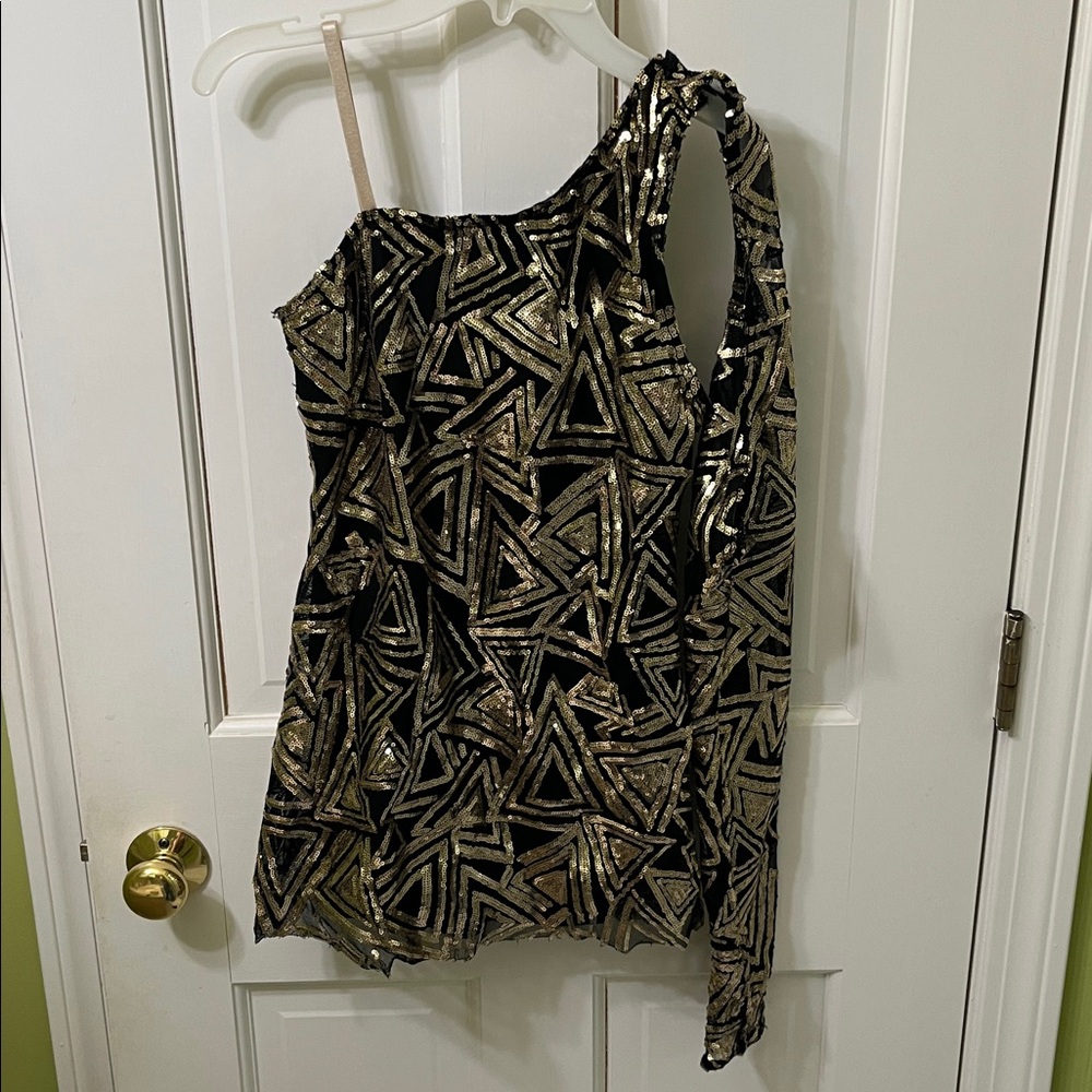 One-Shoulder Gold Geometric Sequin Mini Dress 70’s Disco Halloween Go-Go Dance